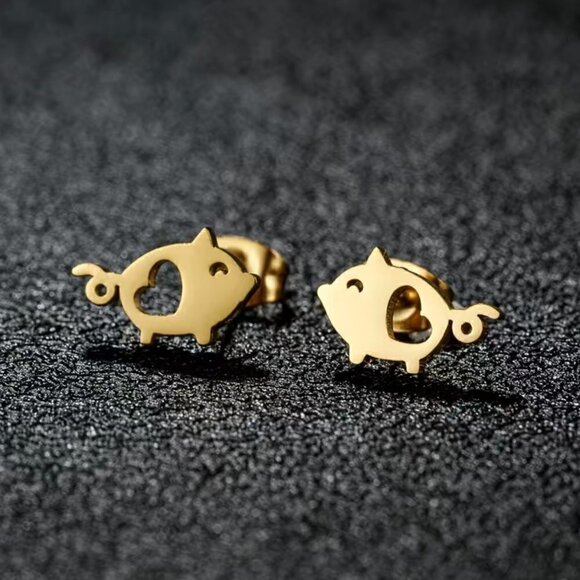 Little Pigs and Hearts Stainless Steel Stud Earrings #1211 - Picture 6 of 10